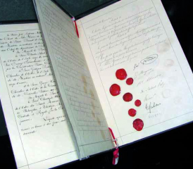 Faksimile des Originals der ersten Genfer Konvention von 1864.