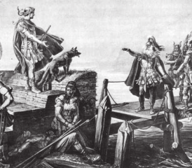 Gaius Iulius Caesar und der helvetische Heerführer Divico treffen nach der Schlacht an der Saône zusammen. Links Cäsar, unter ihm ein gefallener und ein gefangener Helvetier, rechts Divico mit einigen Helvetiern.