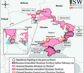 Die militärische Lage am 27. März 2022, im Norden und Nordosten der Ukraine ist die russische Armee bis knapp vor Kiew bzw Charkow vorgerückt.