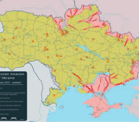 Die Lage am 02.03.2022. Gelb= Gebiet das von der Ukraine kontrolliert wird. Rot= Gebiet das von russischen Truppen kontrolliert wird. Explosionen= Luft/Artillerieeinschläge.