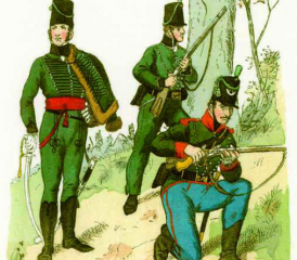 V.l.n.r.: Offizier des britischen 95th Rifle Regiment, Soldat des 95th Rifle Regiment und Soldat des britisch-kanadischen 60th Rifle Regiment.