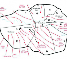 Schwarz: das deutsche Dispositiv mit dem Zentralsektor Z und den radialen Sektoren A–H. Rot: greifen die Russen an. Schwarz unterbrochen: der Weg vom Bendlerblock zu Tschuikows Gefechtsstand.