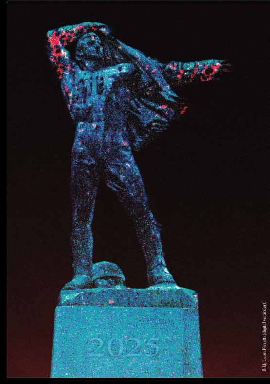 Die Skulptur Wehrbereitschaft von Hans Brandenberger erscheint heute in einem neuen Licht. Bild: Leon Ferretti (digital verändert)