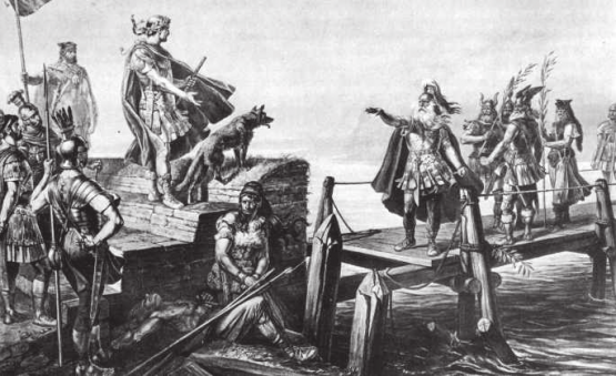 Gaius Iulius Caesar und der helvetische Heerführer Divico treffen nach der Schlacht an der Saône zusammen. Links Cäsar, unter ihm ein gefallener und ein gefangener Helvetier, rechts Divico mit einigen Helvetiern.