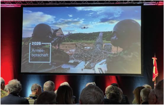 Die Titel-Folie bei der Präsentation der Armeebotschaft 2026 zeigt das Schwergewicht: Abwehr von Bedrohungen aus dem Luftraum