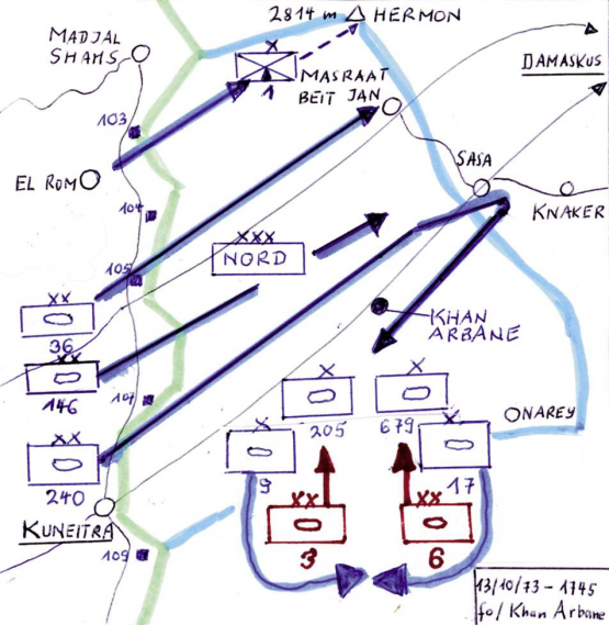 Handskizze fo., 13. Oktober 1973. Blau isr. Pz Div 240, 146, 36. Quadrate Bunker. Rot irak. Pz Div 3 und 6. Grün Front 1967. Hellblau Front 1973. Schwarz Strassen.