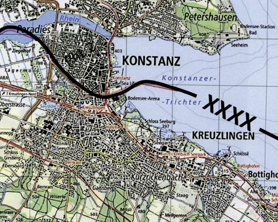 Die Grenzstädte Kreuzlingen (21 900 Einw.) und Konstanz (87 100) bilden am Westende des Bodensees einen Riegel. Die Altstadt Konstanz ist das einzige deutsche Gebiet südlich vom Rhein. Kreuzlingen bildet eine respektable «Barriere» auf Schweizer Gebiet. Südlich schliesst sich der Seerücken an.